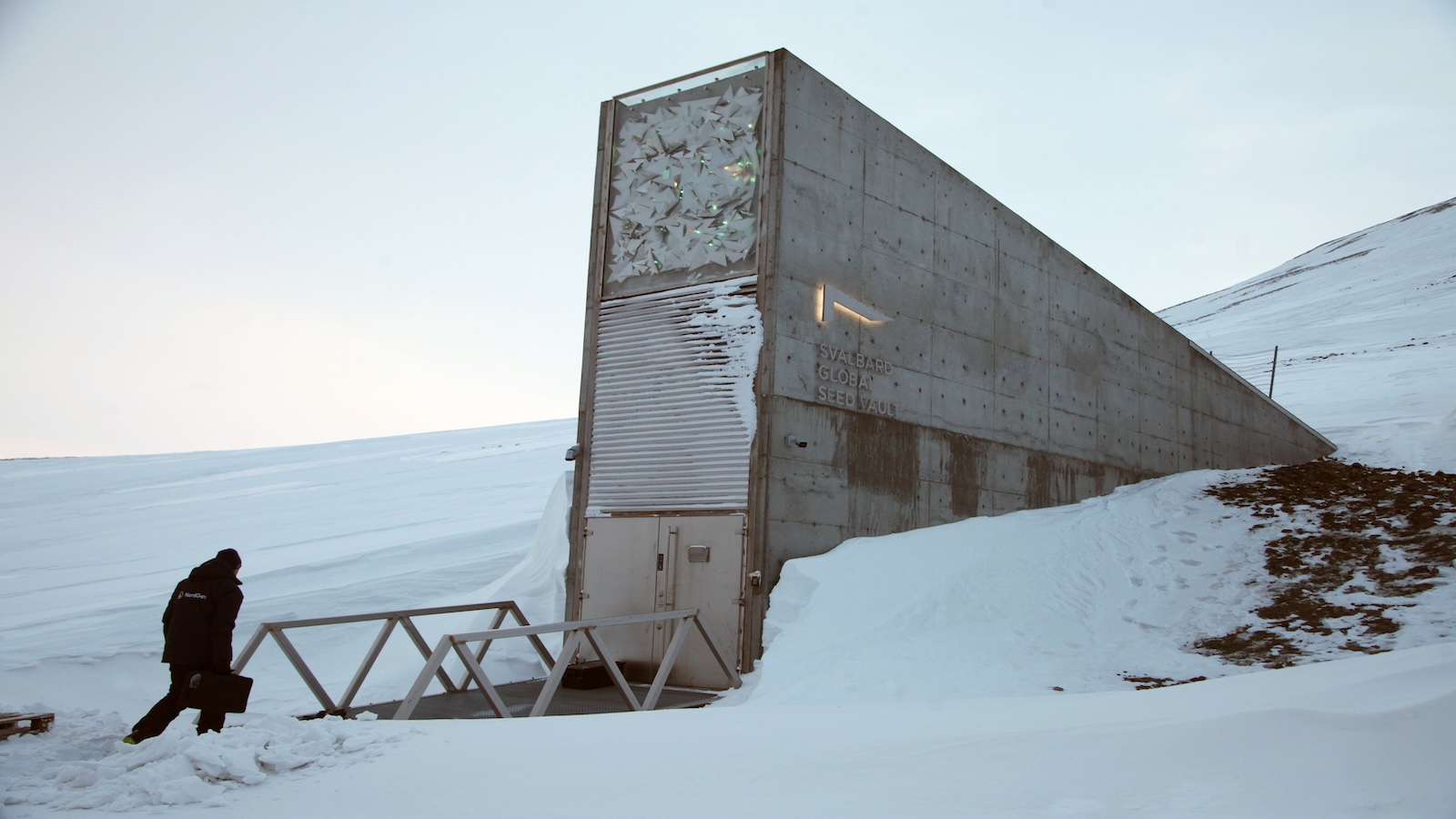 A man walks into the Svalbard Global Seed Vault.