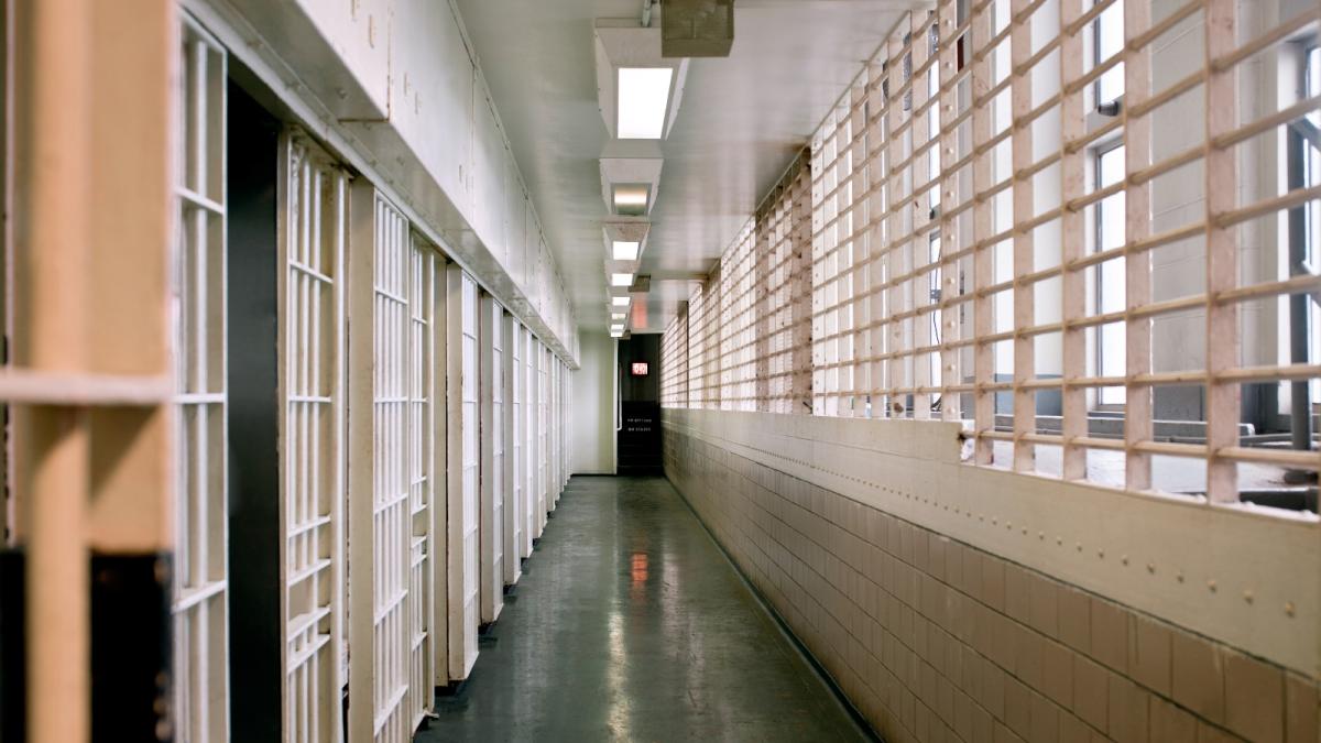 A hallway with cells on one side and bars on the other is lit by fluorescent lights