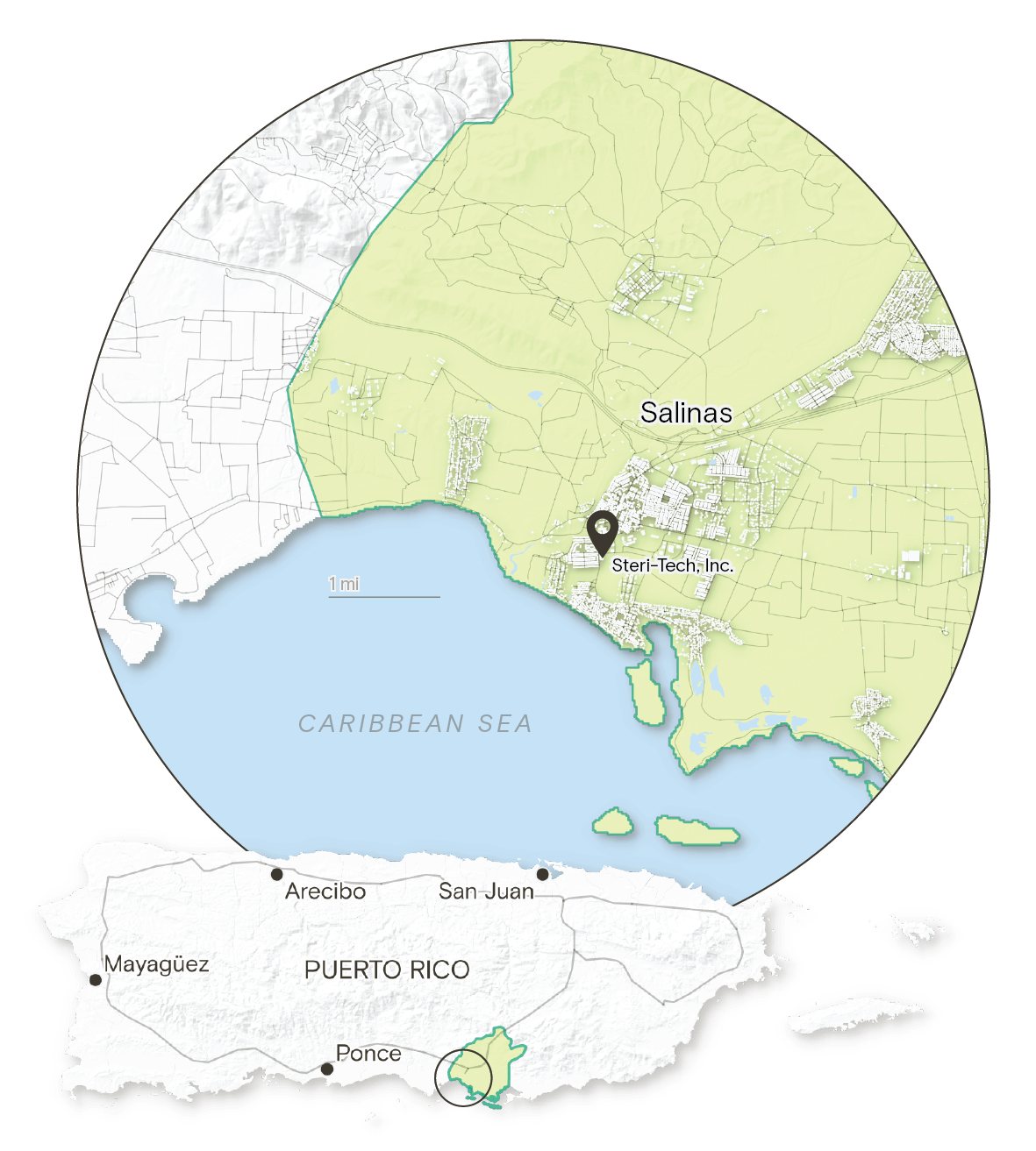 A locater map showing Puerto Rico, Salinas, and the Steritech plant